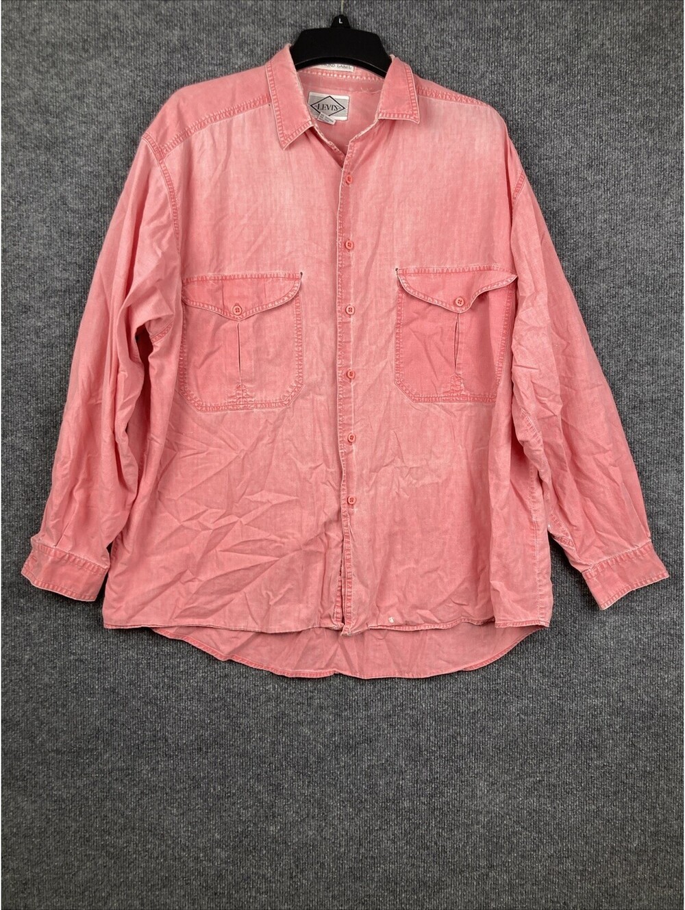 Vintage Mens Large Diamond Label 100% Cotton Red Button Pocket L/S Shirt